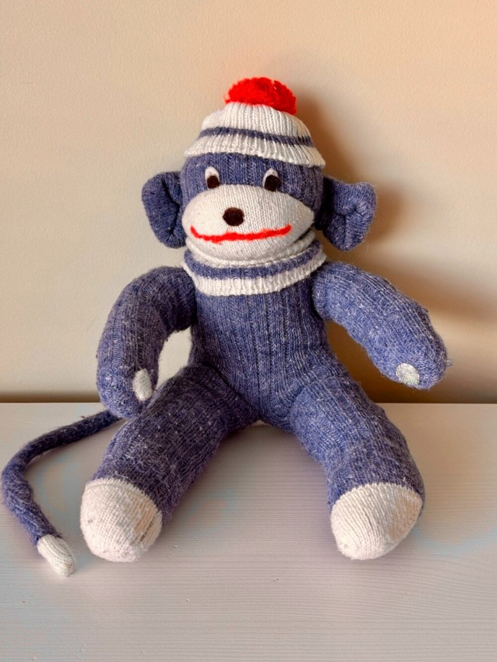 Vintage SOCK MONKEY Blue White Red Cap Long Tail Stuffed 15" Wool Plush Handmade